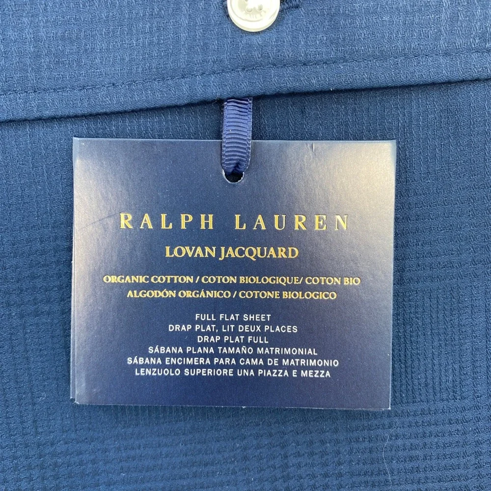 Ralph Lauren Lovan Jacquard Flat Sheet Full Navy Blue Organic Cotton Plaid